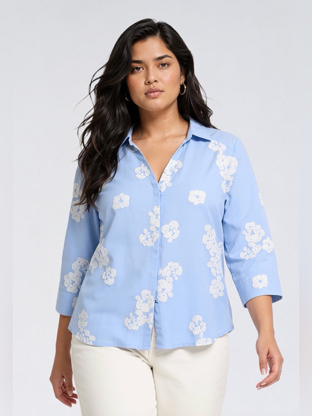 NWT [Gia Curves by Westside] Floral Embroidered Button-Up Blouse Shirt Women’s M